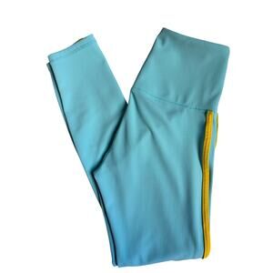 Move Theology Ribbed Leggings (Aqua with Yellow Side Stripe) - XS